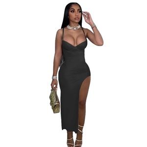 Spaghetti strapped, slit on the side, black, and midi dress